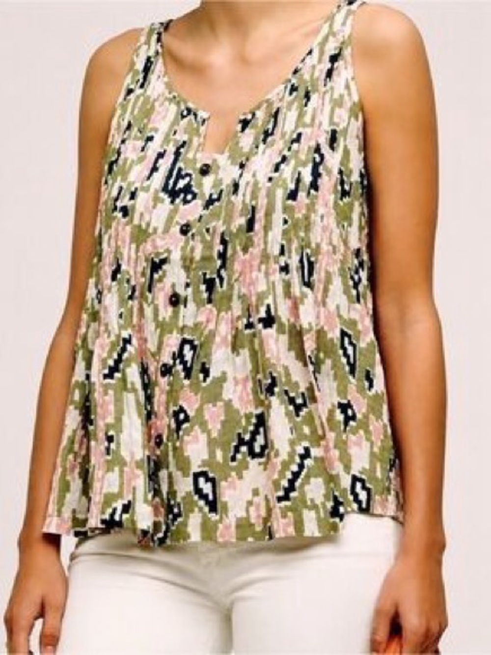 Maeve Anthropologie Soana Ikat Tank Top Green Pink Button Front Size 6
